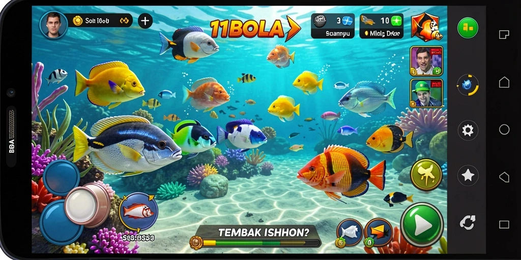 Tampilan gameplay seru saat menembak ikan berwarna-warni.