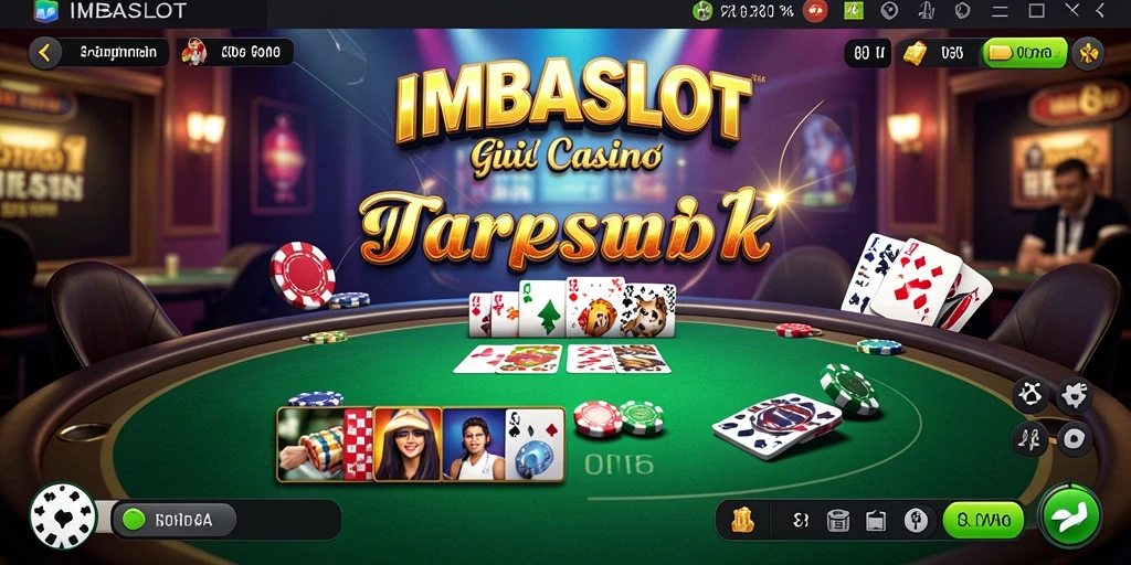 Screenshot gameplay <strong>IMBASLOT</strong> menampilkan dealer profesional dan suasana kasino yang mendebarkan.