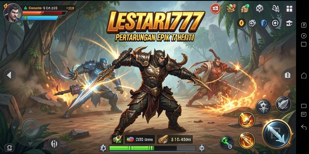 Screenshot LESTARI777 menunjukkan pertarungan sengit antara karakter-karakter kuat.