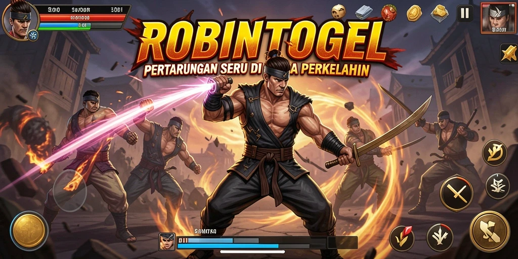 Screenshot gameplay ROBINTOGEL menampilkan aksi perkelahian yang seru dan dinamis.