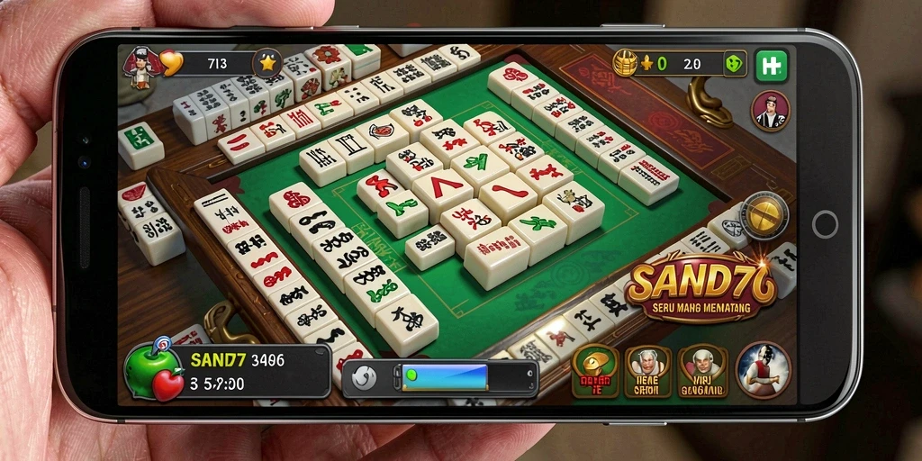 Screenshot gameplay SAND77 menampilkan aksi mencocokkan ubin Mahjong.