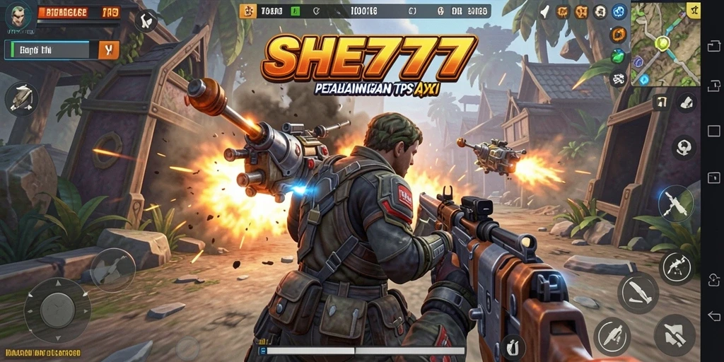 Tangkapan layar utama SHE777 menampilkan aksi pertempuran seru dalam gameplay TPS.
