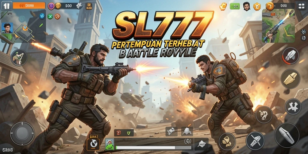 Screenshot SL777 menampilkan aksi pertempuran sengit dalam arena Battle Royale.