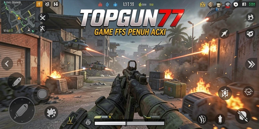 Tampilan menegangkan dari gameplay TOPGUN77 yang menonjolkan aksi FPS.